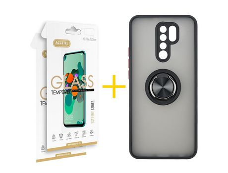 Pack 2 X Protector de Vidrio Templado 2.5D + Funda ACCETEL para Xiaomi Redmi 9 Gel Bumper con Anillo Negro