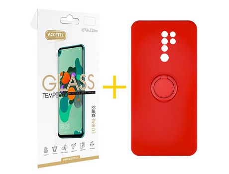 Pack 1 X Protector de Vidrio Templado 2.5D + Funda ACCETEL para Xiaomi Redmi 9 Gel O-Ring Rojo