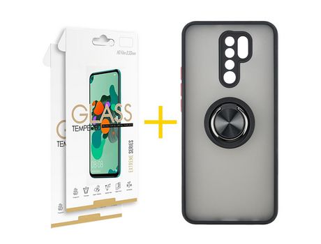 Pack 2 Películas 2.5D + Funda SKYHE por Xiaomi Redmi 9 Gel Bumper con Anillo Negro