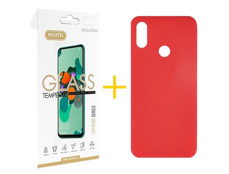 Pack 1 X Protector de Vidrio Templado 2.5D + Funda ACCETEL para Huawei Y6 2019 Silicona Líquida Rojo