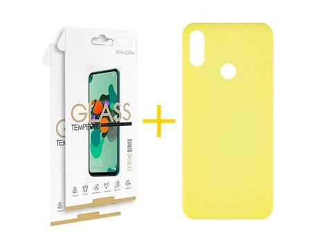 Pack 2 Películas 2.5D + Funda SKYHE por Huawei Y6 2019 Silicona Líquida Amarillo