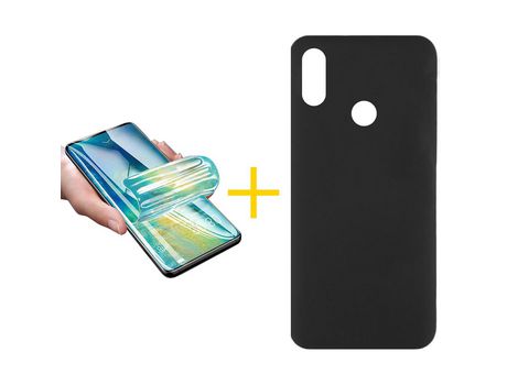 Pack 1 X Protector de Vidrio Templado Hidrogel + Funda ACCETEL para Huawei Y6 2019 Silicona Líquida Negro