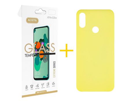 Pack 1 X Protector de Vidrio Templado 2.5D + Funda ACCETEL para Huawei Y6 2019 Silicona Líquida Amarillo