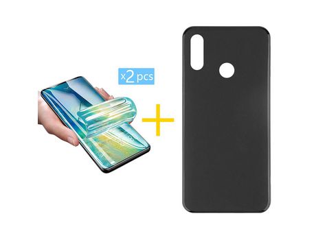 Pack 2 X Protector de Vidrio Templado Hidrogel + Funda ACCETEL para Huawei Y6 2019 Silicona Liso Negro