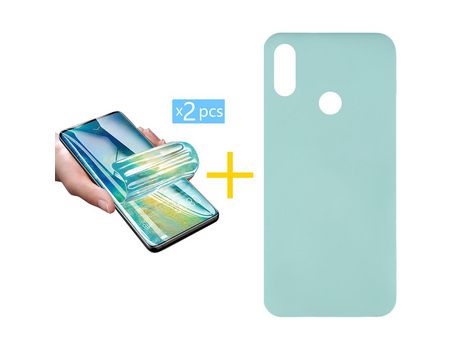 Pack 2 X Protector de Vidrio Templado Hidrogel + Funda ACCETEL para Huawei Y6 2019 Silicona Líquida Verde-Agua