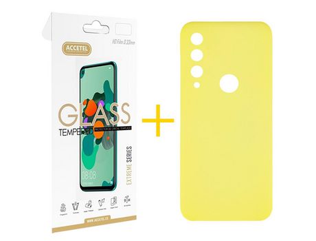 Pack 1 X Protector de Vidrio Templado 2.5D + Funda ACCETEL para Huawei Y6P Silicona Líquida Amarillo