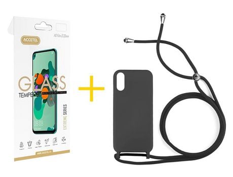 Pack 1 X Protector de Vidrio Templado 2.5D + Funda ACCETEL para Xiaomi Redmi 9A Gel con Cordón Negro