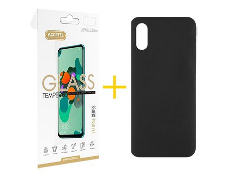 Pack 1 X Protector de Vidrio Templado 2.5D + Funda ACCETEL para Xiaomi Redmi 9A Silicona Líquida Negro