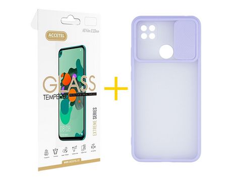 Pack 1 X Protector de Vidrio Templado 2.5D + Funda ACCETEL para Xiaomi Redmi 9C NFC Gel Protección Cámara Violeta