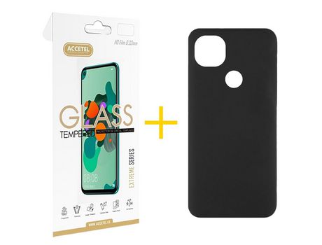 Pack 1 X Protector de Vidrio Templado 2.5D + Funda ACCETEL para Xiaomi Redmi 9C NFC Silicona Líquida Negro