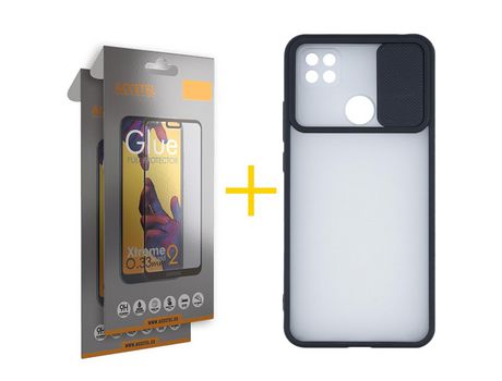 Pack 2 X Protector de Vidrio Templado Full + Funda ACCETEL para Xiaomi Redmi 9C NFC Gel Protección Cámara Negro