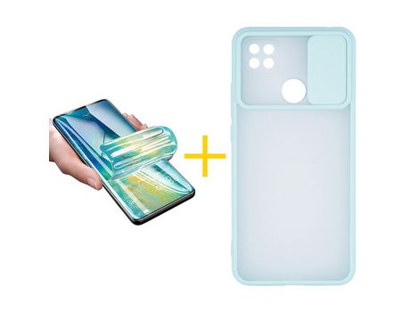 Pack 1 X Protector de Vidrio Templado Hidrogel + Funda ACCETEL para Xiaomi Redmi 9C NFC Gel Protección Cámara Verde-Mar