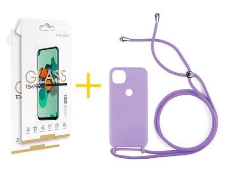 Pack 2 Películas 2.5D + Funda SKYHE por Xiaomi Redmi 9C NFC Gel con Cordón Violeta