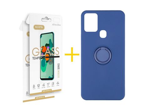 Pack 2 X Protector de Vidrio Templado 2.5D + Funda ACCETEL para Samsung Galaxy A21s Gel O-Ring Azul