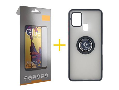 Pack 1 Película Full + Funda SKYHE por Samsung Galaxy A21s Gel Bumper con Anillo Negro
