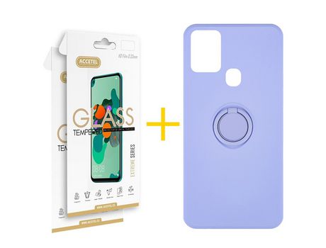 Pack 2 X Protector de Vidrio Templado 2.5D + Funda ACCETEL para Samsung Galaxy A21s Gel O-Ring Morado