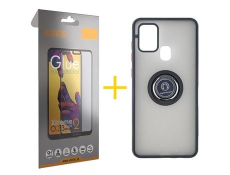 Pack 1 X Protector de Vidrio Templado Full + Funda ACCETEL para Samsung Galaxy A21s Gel Bumper con Anillo Negro