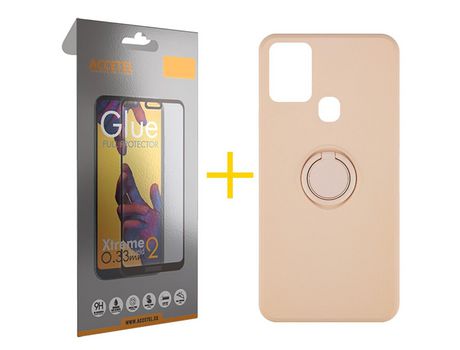 Pack 1 X Protector de Vidrio Templado Full + Funda ACCETEL para Samsung Galaxy A21s Gel O-Ring Rosa Pastel