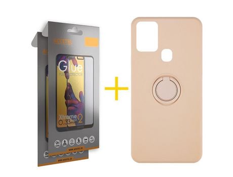 Pack 2 X Protector de Vidrio Templado Full + Funda ACCETEL para Samsung Galaxy A21s Gel O-Ring Rosa Pastel