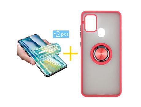 Pack 2 X Protector de Vidrio Templado Hidrogel + Funda ACCETEL para Samsung Galaxy A21s Gel Bumper con Anillo Rojo