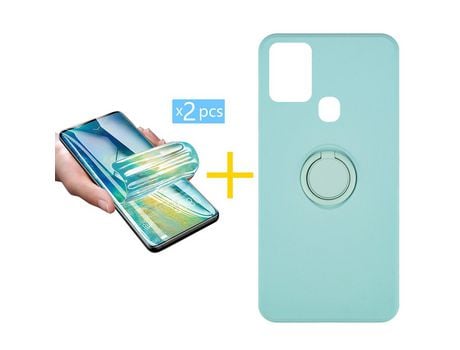Pack 2 X Protector de Vidrio Templado Hidrogel + Funda ACCETEL para Samsung Galaxy A21s Gel O-Ring Verde-Agua