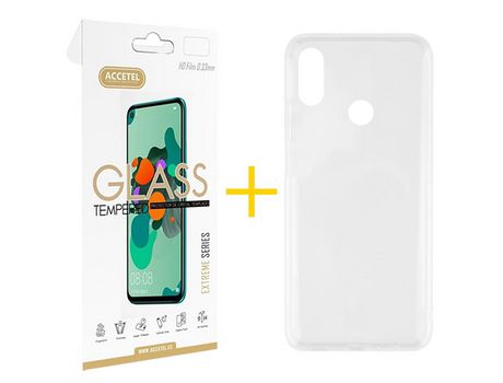 Pack 1 X Protector de Vidrio Templado 2.5D + Funda ACCETEL para Huawei Y6 2019 Silicona Líquida Transparente Clear