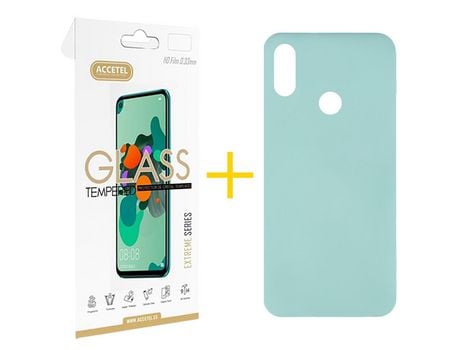 Pack 1 X Protector de Vidrio Templado 2.5D + Funda ACCETEL para Huawei Y6 2019 Silicona Líquida Verde-Agua