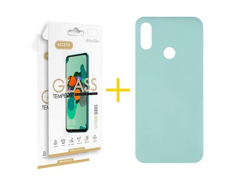 Pack 2 X Protector de Vidrio Templado 2.5D + Funda ACCETEL para Huawei Y6 2019 Silicona Líquida Verde-Agua