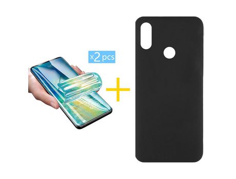 Pack 2 X Protector de Vidrio Templado Hidrogel + Funda ACCETEL para Huawei Y6 2019 Silicona Líquida Negro