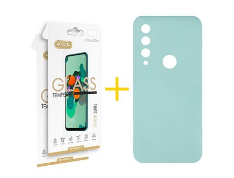 Pack 2 X Protector de Vidrio Templado 2.5D + Funda ACCETEL para Huawei Y6P Silicona Líquida Verde-Agua