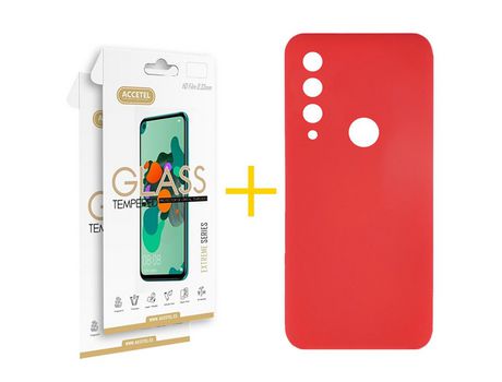 Pack 2 X Protector de Vidrio Templado 2.5D + Funda ACCETEL para Huawei Y6P Silicona Líquida Rojo