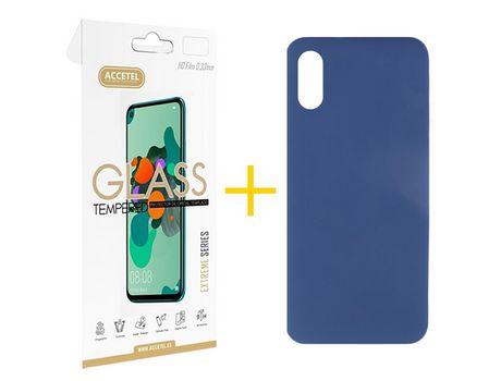 Pack 1 X Protector de Vidrio Templado 2.5D + Funda ACCETEL para Xiaomi Redmi 9A Silicona Líquida Azul