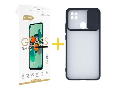 Pack 1 X Protector de Vidrio Templado 2.5D + Funda ACCETEL para Xiaomi Redmi 9C NFC Gel Protección Cámara Negro