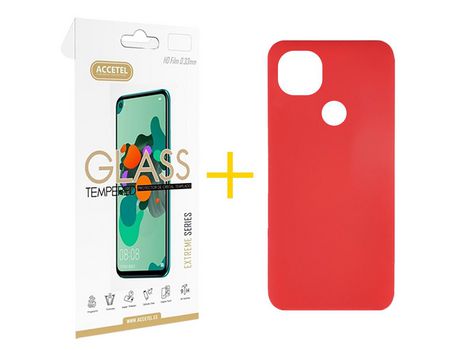 Pack 1 X Protector de Vidrio Templado 2.5D + Funda ACCETEL para Xiaomi Redmi 9C NFC Silicona Líquida Rojo