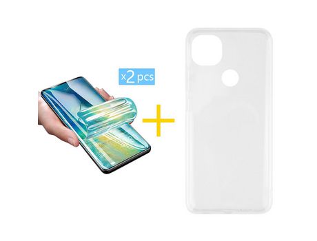 Pack 2 X Protector de Vidrio Templado Hidrogel + Funda ACCETEL para Xiaomi Redmi 9C NFC Silicona Líquida Transparente Clear