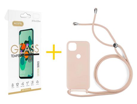 Pack 1 X Protector de Vidrio Templado 2.5D + Funda ACCETEL para Xiaomi Redmi 9C NFC Gel con Cordón Rosa Pastel