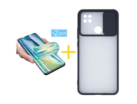 Pack 2 X Protector de Vidrio Templado Hidrogel + Funda ACCETEL para Xiaomi Redmi 9C NFC Gel Protección Cámara Negro