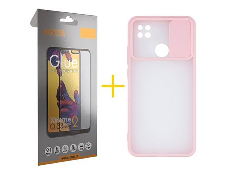 Pack 1 X Protector de Vidrio Templado Full + Funda ACCETEL para Xiaomi Redmi 9C NFC Gel Protección Cámara Rosa