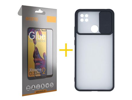 Pack 1 X Protector de Vidrio Templado Full + Funda ACCETEL para Xiaomi Redmi 9C NFC Gel Protección Cámara Negro