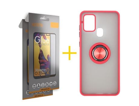 Pack 2 X Protector de Vidrio Templado Full + Funda ACCETEL para Samsung Galaxy A21s Gel Bumper con Anillo Rojo