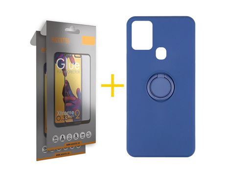 Pack 2 X Protector de Vidrio Templado Full + Funda ACCETEL para Samsung Galaxy A21s Gel O-Ring Azul