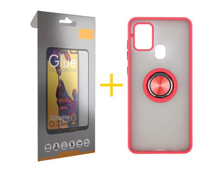 Pack 1 Película Full + Funda SKYHE por Samsung Galaxy A21s Gel Bumper con Anillo Rojo