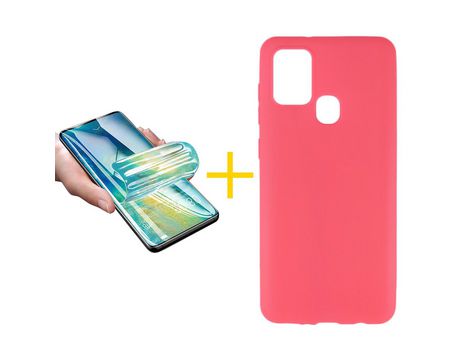 Pack 1 X Protector de Vidrio Templado Hidrogel + Funda ACCETEL para Samsung Galaxy A21s Silicona Liso Rosa