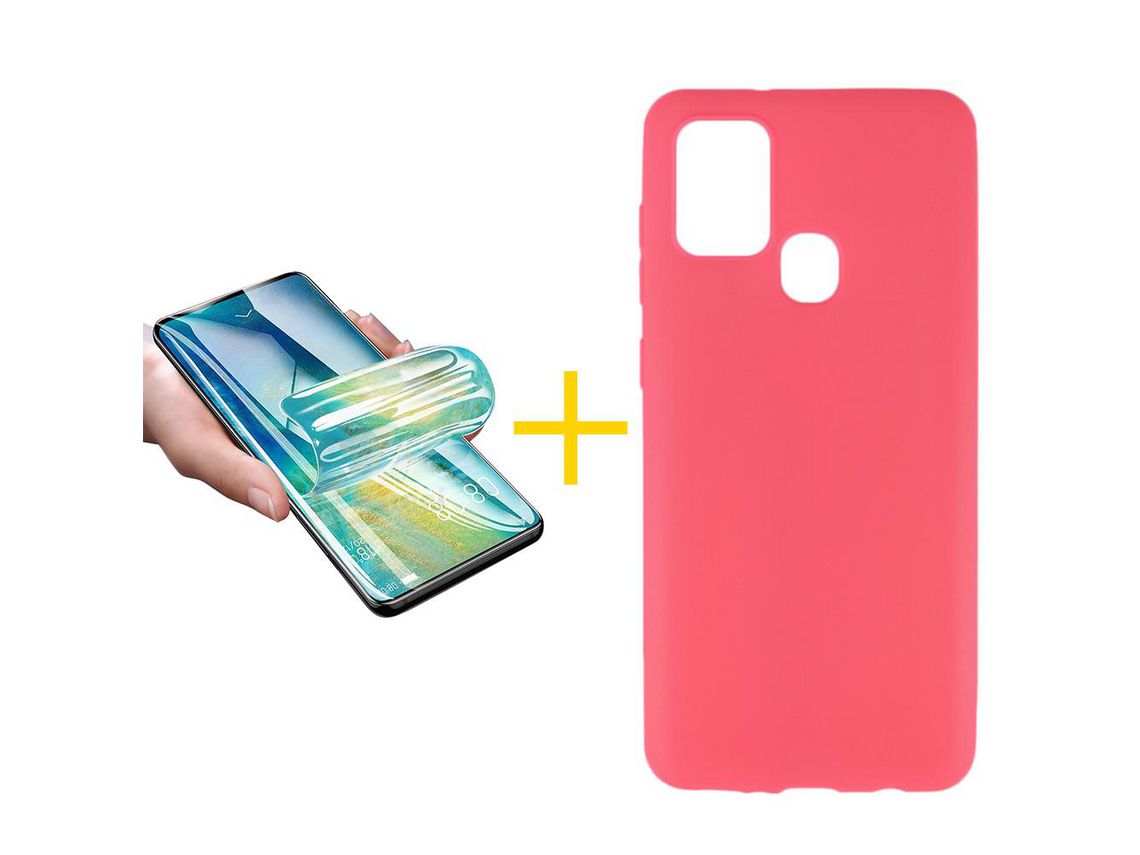 Pack 1 Película + Funda SKYHE por Samsung Galaxy A21s Silicona Liso Rosa