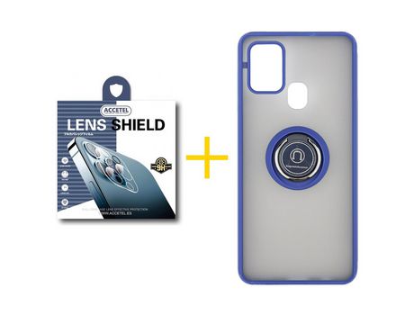 Pack 1 X Protector de Cámara trasera + Funda ACCETEL para Samsung Galaxy A21s Gel Bumper con Anillo Azul