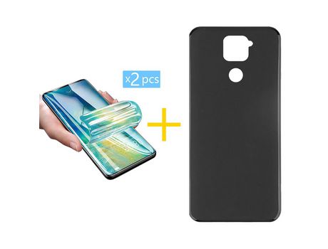 Pack 2 X Protector de Vidrio Templado Hidrogel + Funda ACCETEL para Xiaomi Redmi Note 9 Silicona Liso Negro