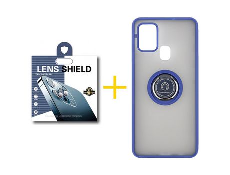 Pack 1 Película de Cámara trasera + Funda SKYHE por Samsung Galaxy A21s Gel Bumper con Anillo Azul