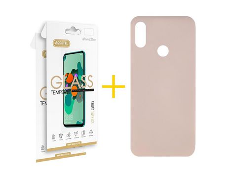 Pack 2 X Protector de Vidrio Templado 2.5D + Funda ACCETEL para Huawei Y6 2019 Silicona Líquida Rosa