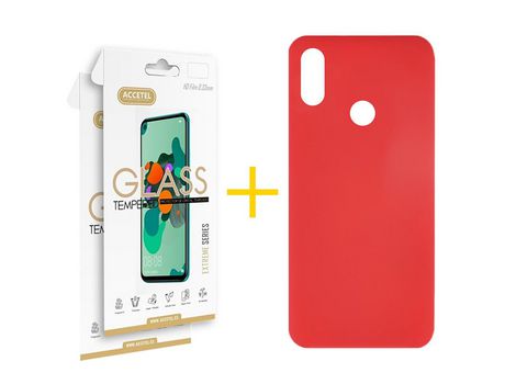 Pack 2 X Protector de Vidrio Templado 2.5D + Funda ACCETEL para Huawei Y6 2019 Silicona Líquida Rojo