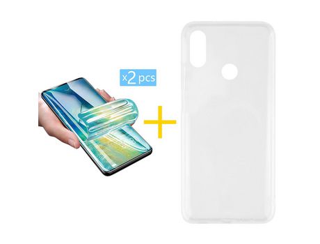 Pack 2 X Protector de Vidrio Templado Hidrogel + Funda ACCETEL para Huawei Y6 2019 Silicona Líquida Transparente Clear